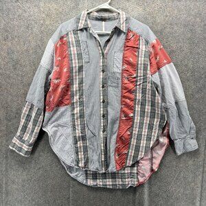 Free People Shirt Womens Small Multicolor Patchwork Floral Stripe Button Top